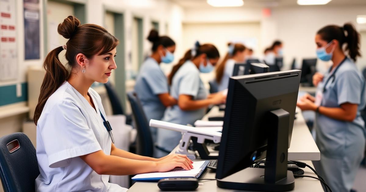 Nurse charting at a medical-surgical hospital unit nurses station