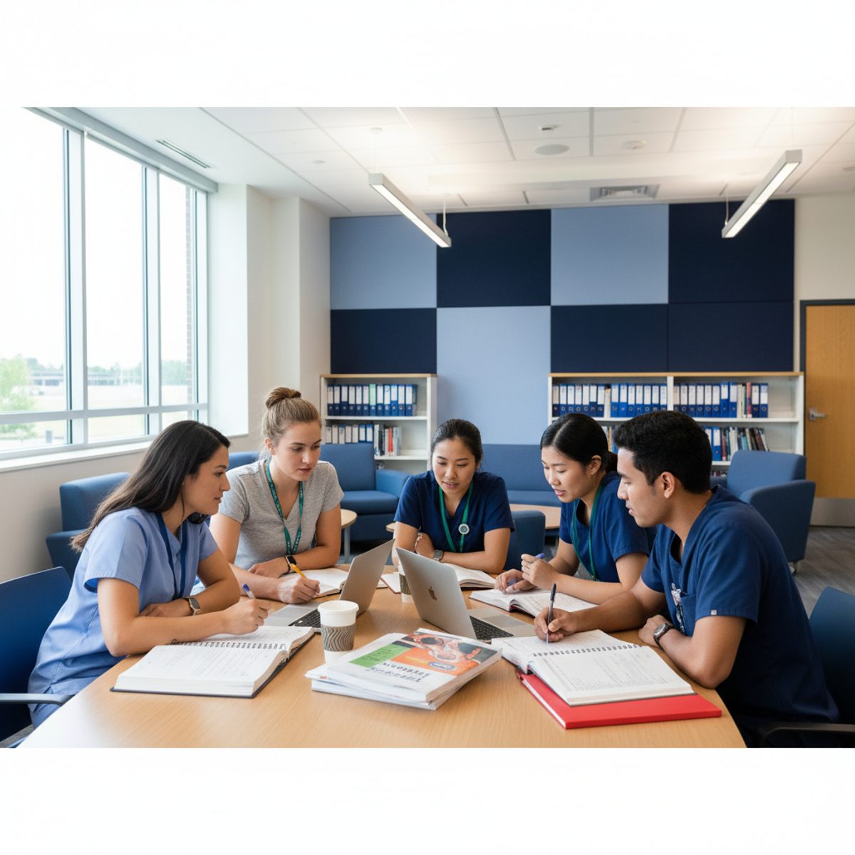 A focused nursing student using a tablet to solve bow tie NCLEX questions with a stethoscope nearby.