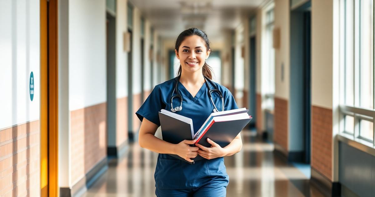 Nursing student in navy scrubs walking a campus hallway with textbooks, on the road from nursing school to the NCLEX