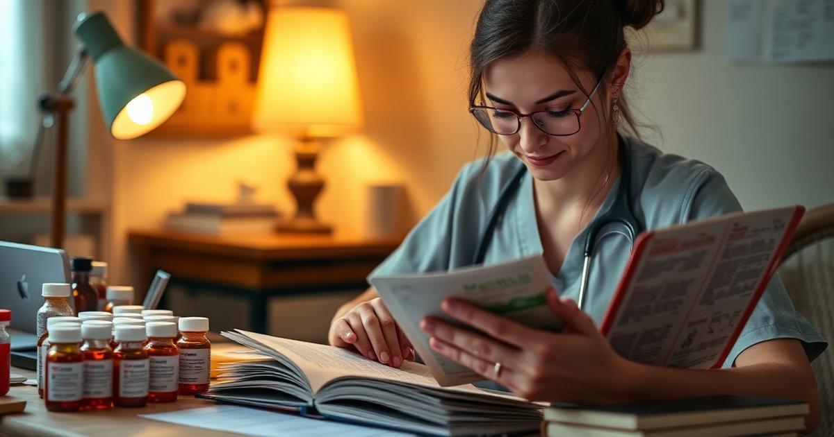 Nursing student reviewing pharmacology flashcards and a drug guide with medication vials on a desk